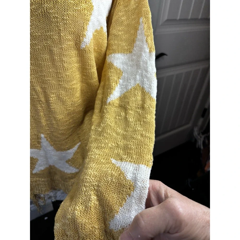 Adora Distressed Star Sweater Raw Hem Cotton Blend Golden Yellow M Boho Y2K‎ NWT